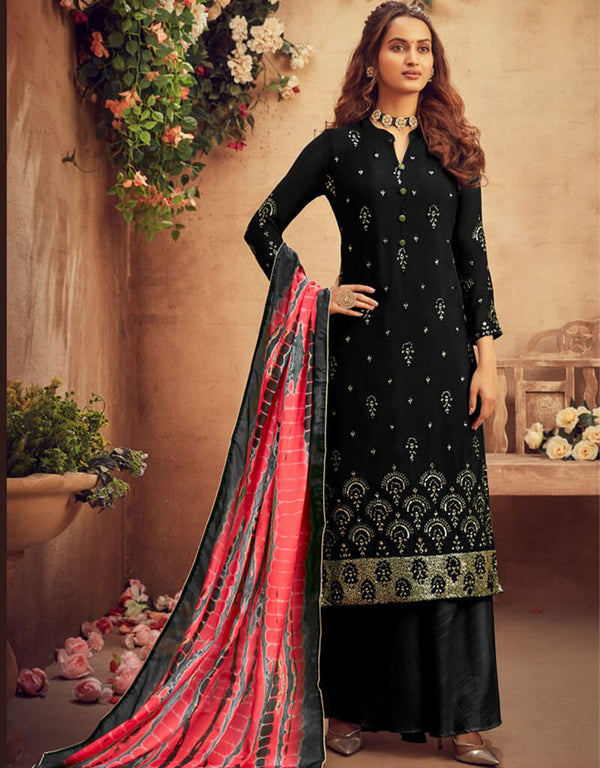 Black Palazzo style Suit Faux Georgette Salwar Kameez in Embroidery, Sequins & Lace Work