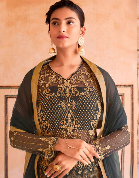 Grey Lehenga style Suit Semi-Stitched Suits Salwar Kameez in Swaroski Embroidery, Stone & Lace Work Closure View