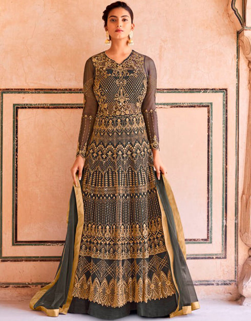 Grey Lehenga style Suit Semi-Stitched Suits Salwar Kameez in Swaroski Embroidery, Stone & Lace Work