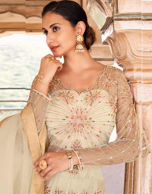 Cream Lehenga style Suit Semi-Stitched Suits Salwar Kameez in Swaroski Embroidery, Stone & Lace Work Closure View