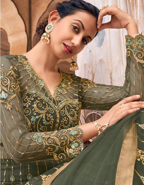 Green Lehenga style Suit Semi-Stitched Suits Salwar Kameez in Swaroski Embroidery, Stone & Lace Work Closure View