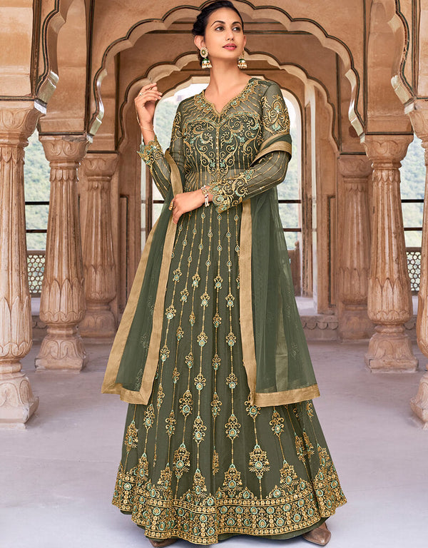 Green Lehenga style Suit Semi-Stitched Suits Salwar Kameez in Swaroski Embroidery, Stone & Lace Work