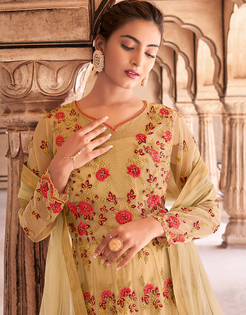 Yellow Lehenga style Suit Semi-Stitched Suits Salwar Kameez in Swaroski Embroidery, Stone & Lace Work Closure View