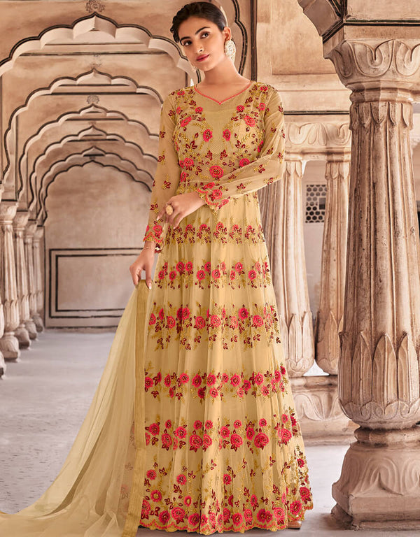 Yellow Lehenga style Suit Semi-Stitched Suits Salwar Kameez in Swaroski Embroidery, Stone & Lace Work