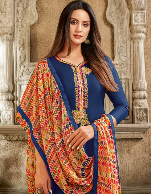Blue Chanderi Cotton Chudidar Salwar Suits Closure View