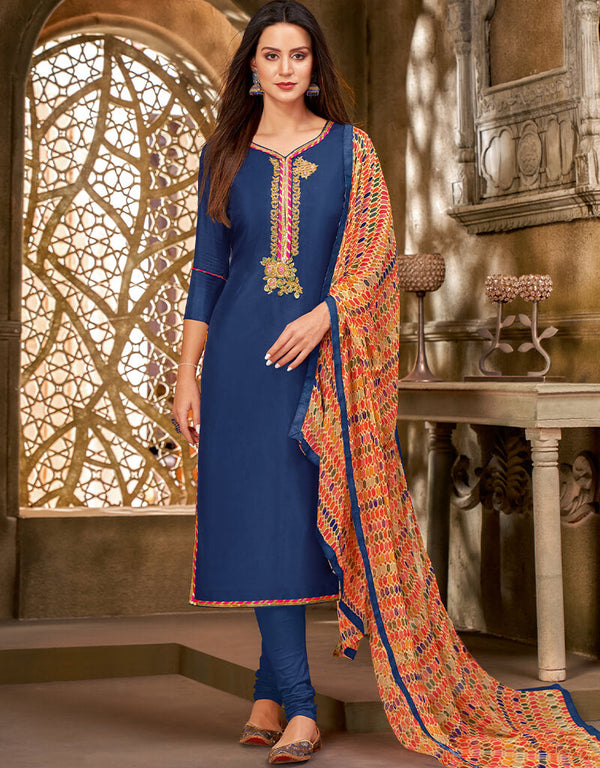 Blue Chanderi Cotton Chudidar Salwar Suits