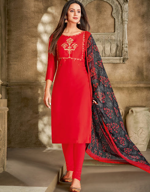 Red Chanderi Cotton Chudidar Salwar Suits