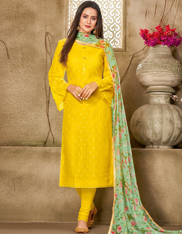 Yellow Chanderi Cotton Chudidar Salwar Suits