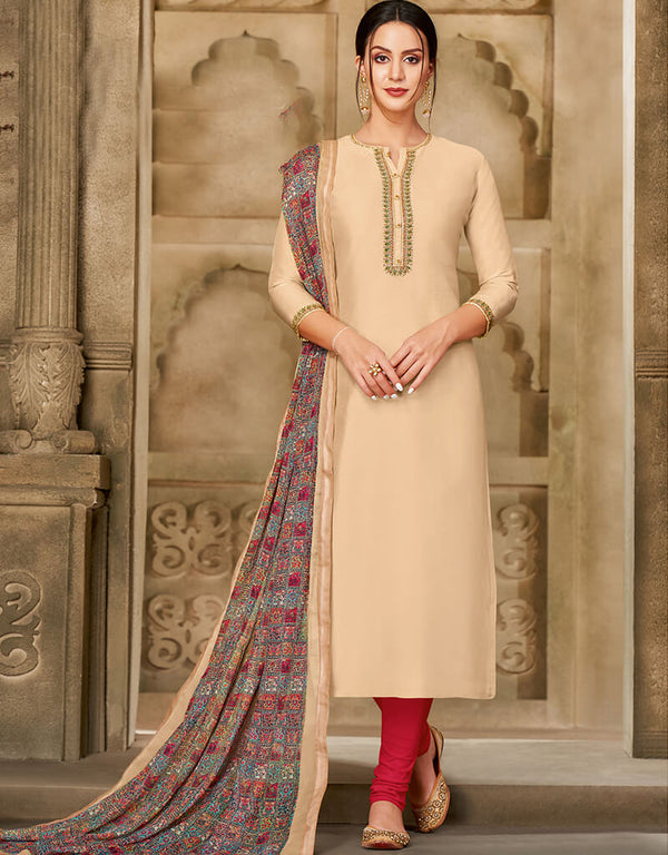 Cream Chanderi Cotton Chudidar Salwar Suits