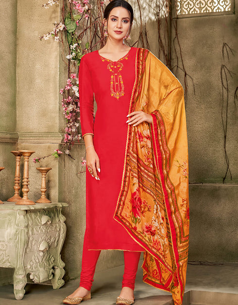 Red Chanderi Cotton Chudidar Salwar Suits
