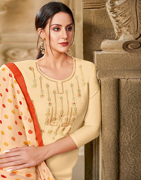 Cream Chanderi Cotton Chudidar Salwar Suits Closure View