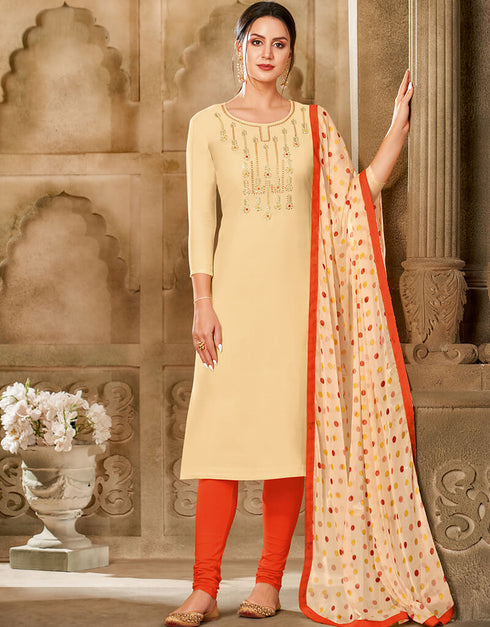 Cream Chanderi Cotton Chudidar Salwar Suits