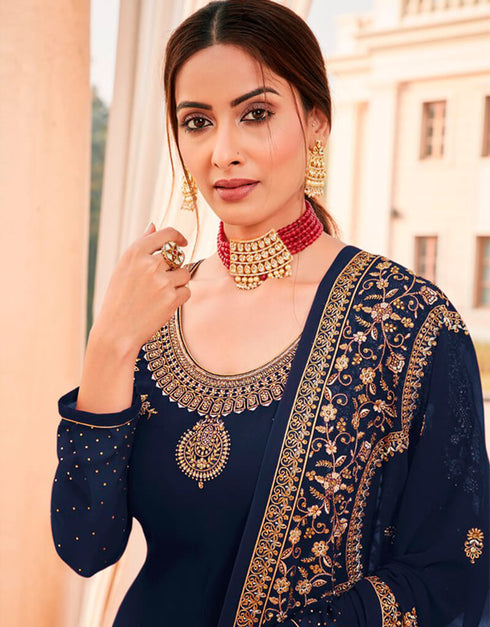 Navy Blue Chudidar style Suit Georgette Salwar Kameez in Embroidery, Stone & Lace Work Closure View