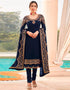 Navy Blue Chudidar style Suit Georgette Salwar Kameez in Embroidery, Stone & Lace Work