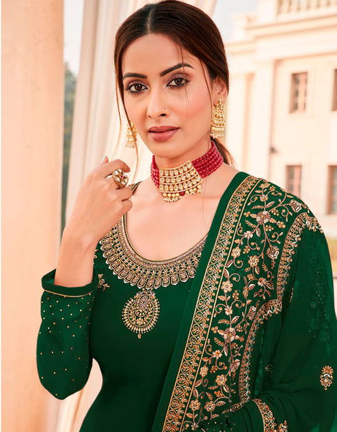 Green Chudidar style Suit Georgette Salwar Kameez in Embroidery, Stone & Lace Work Closure View