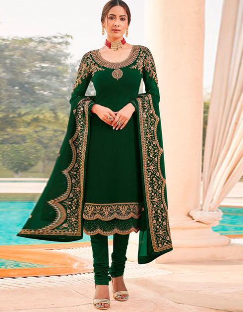 Green Chudidar style Suit Georgette Salwar Kameez in Embroidery, Stone & Lace Work