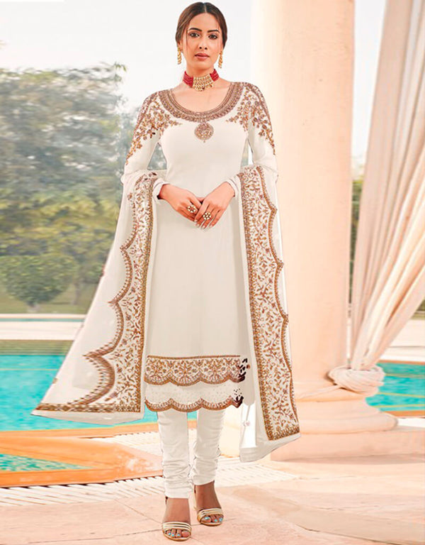 White Chudidar style Suit Georgette Salwar Kameez in Embroidery, Stone & Lace Work