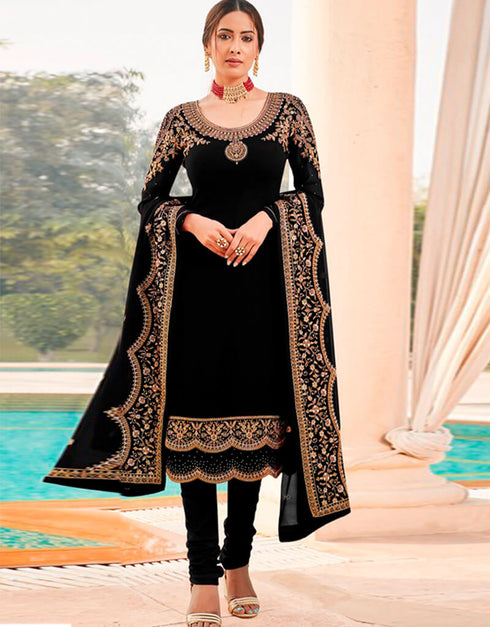 Black Chudidar style Suit Georgette Salwar Kameez in Embroidery, Stone & Lace Work