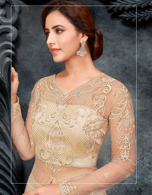 Beige Lehenga style Suit Butterfly Net Salwar Kameez in Embroidery, Stone & Lace Work Closure View