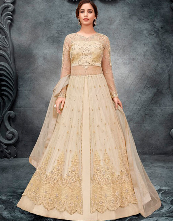 Beige Lehenga style Suit Butterfly Net Salwar Kameez in Embroidery, Stone & Lace Work