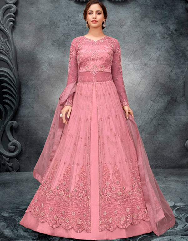 Pink Lehenga style Suit Butterfly Net Salwar Kameez in Embroidery, Stone & Lace Work