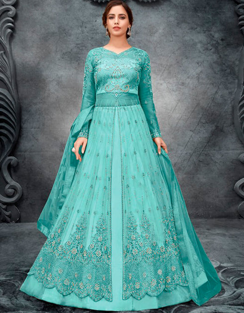 Sky Blue Lehenga style Suit Butterfly Net Salwar Kameez in Embroidery, Stone & Lace Work