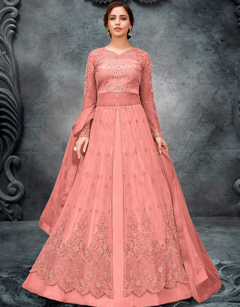 Peach Lehenga style Suit Butterfly Net Salwar Kameez in Embroidery, Stone & Lace Work