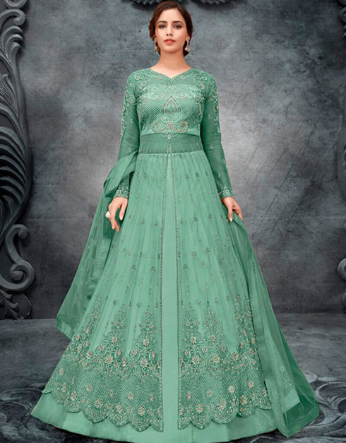 Green Lehenga style Suit Butterfly Net Salwar Kameez in Embroidery, Stone & Lace Work