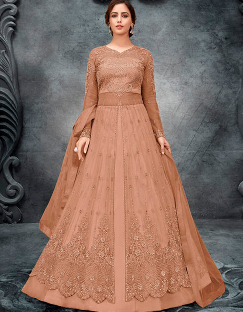 Orange Lehenga style Suit Butterfly Net Salwar Kameez in Embroidery, Stone & Lace Work