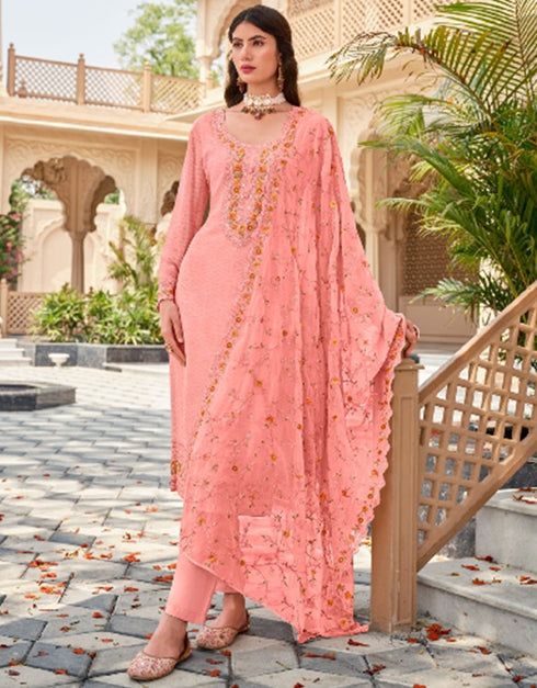 stylish light salmon real georgette designer function wear heavy salwar suit collection with light salmon heavy santun ie-1133 Front View