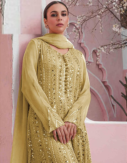 Yellow Sharara style Suit Faux Georgette Salwar Kameez in Embroidery, Sequins & Lace Work Closure View