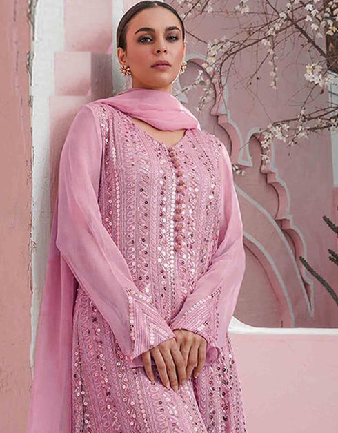 Rose Pink Sharara style Suit Faux Georgette Salwar Kameez in Embroidery, Sequins & Lace Work Closure View