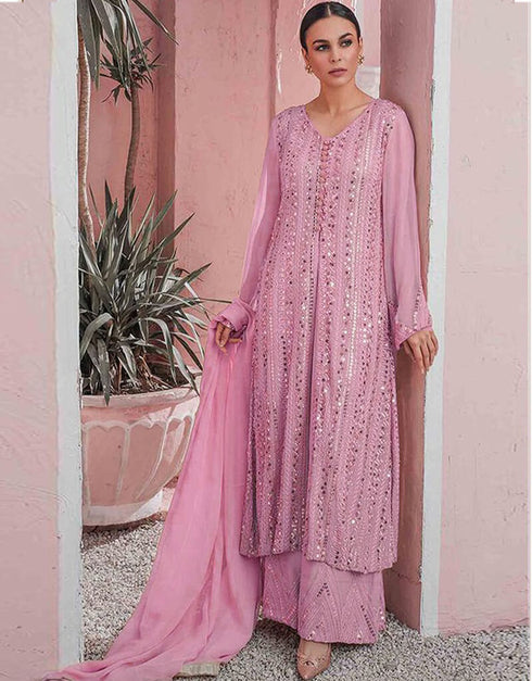 Rose Pink Sharara style Suit Faux Georgette Salwar Kameez in Embroidery, Sequins & Lace Work