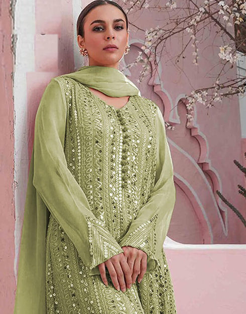 Green Sharara style Suit Faux Georgette Salwar Kameez in Embroidery, Sequins & Lace Work Closure View