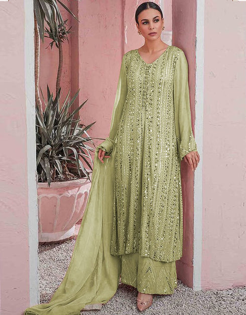 Green Sharara style Suit Faux Georgette Salwar Kameez in Embroidery, Sequins & Lace Work