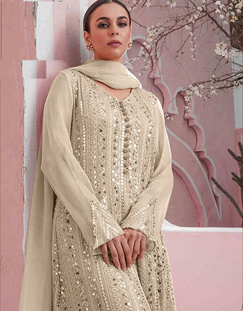 Beige Sharara style Suit Faux Georgette Salwar Kameez in Embroidery, Sequins & Lace Work Closure View