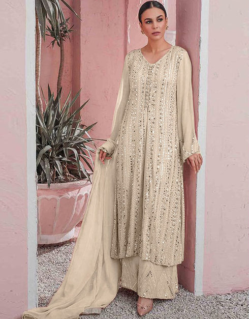 Beige Sharara style Suit Faux Georgette Salwar Kameez in Embroidery, Sequins & Lace Work