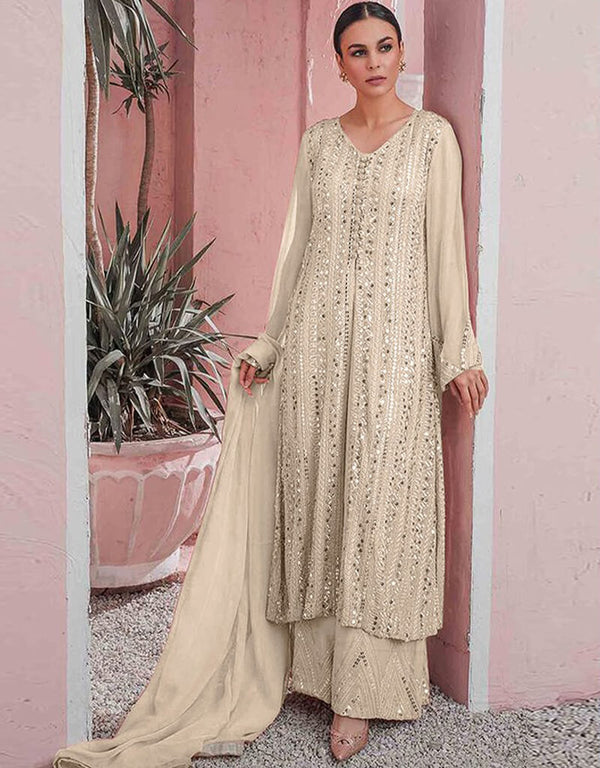 Beige Sharara style Suit Faux Georgette Salwar Kameez in Embroidery, Sequins & Lace Work