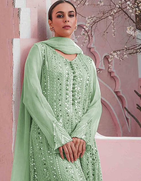 Green Sharara style Suit Faux Georgette Salwar Kameez in Embroidery, Sequins & Lace Work Closure View