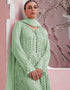 Green Sharara style Suit Faux Georgette Salwar Kameez in Embroidery, Sequins & Lace Work Closure View