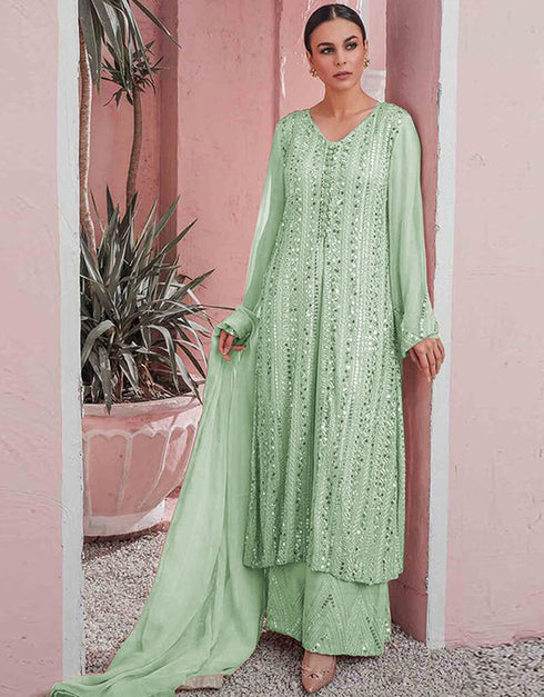 Green Sharara style Suit Faux Georgette Salwar Kameez in Embroidery, Sequins & Lace Work
