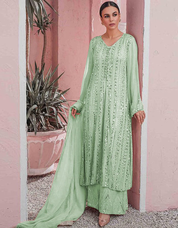 Green Sharara style Suit Faux Georgette Salwar Kameez in Embroidery, Sequins & Lace Work