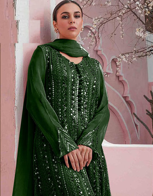 Bottle Green Sharara style Suit Faux Georgette Salwar Kameez in Embroidery, Sequins & Lace Work Closure View