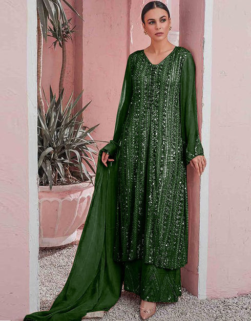 Bottle Green Sharara style Suit Faux Georgette Salwar Kameez in Embroidery, Sequins & Lace Work