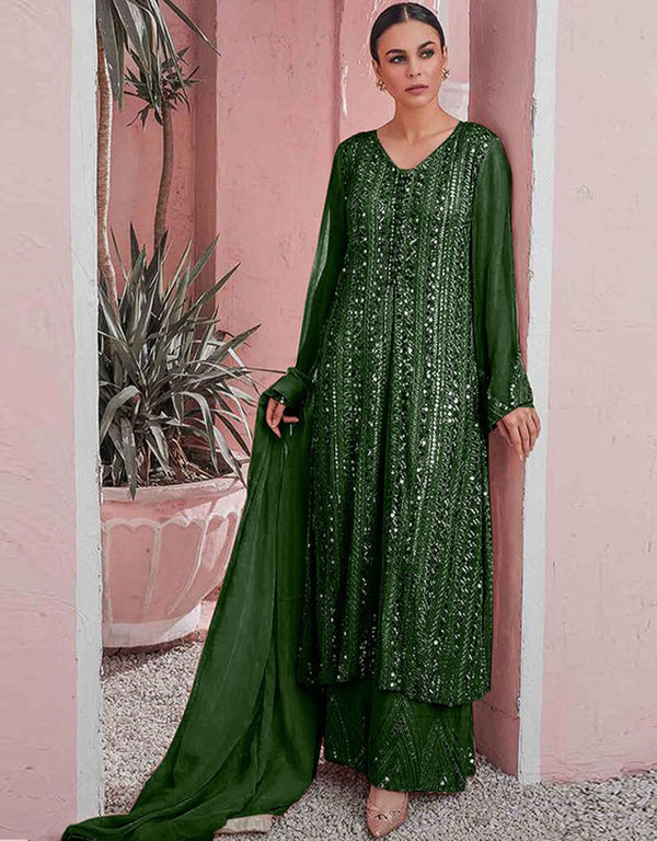Bottle Green Sharara style Suit Faux Georgette Salwar Kameez in Embroidery, Sequins & Lace Work