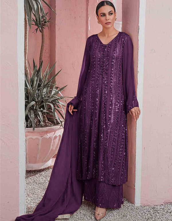 Purple Sharara style Suit Faux Georgette Salwar Kameez in Embroidery, Sequins & Lace Work