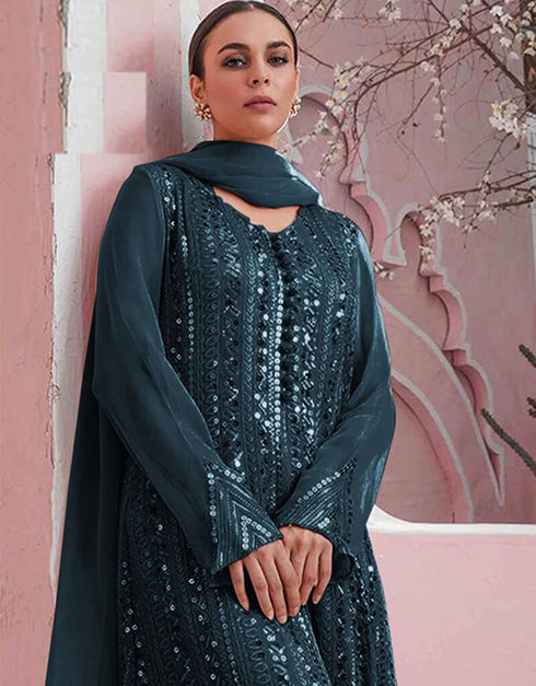 Blue Sharara style Suit Faux Georgette Salwar Kameez in Embroidery, Sequins & Lace Work Closure View