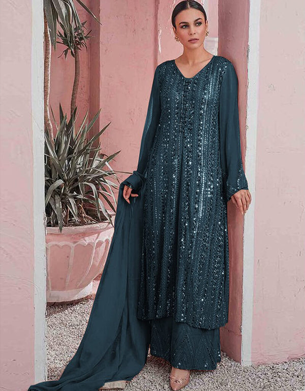 Blue Sharara style Suit Faux Georgette Salwar Kameez in Embroidery, Sequins & Lace Work