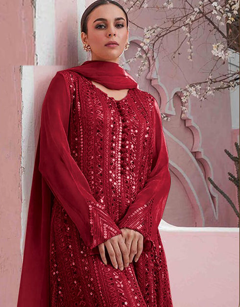 Red Sharara style Suit Faux Georgette Salwar Kameez in Embroidery, Sequins & Lace Work Closure View
