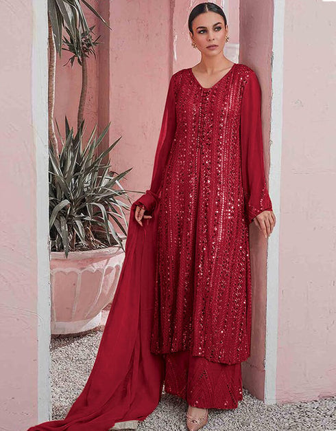 Red Sharara style Suit Faux Georgette Salwar Kameez in Embroidery, Sequins & Lace Work